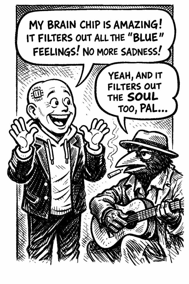 crow joe in the age of ai comic - the transhumanist, techbro technocrat with business suit over hoodie and visible brain chip, has a cluelessly blissful smile on his face and declares 'my brain chip is amazing! it filters out all the blue feelings! no more sadness!' crow joe the blues playing crow responds 'yeah and it filters out the soul too pal' crow joe is defending the blues as an essential component of the human experience.  to remove the negative emotions is to remove the soul of humanity.